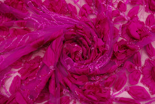 Broderie de lux tip dantela lucrata manual cu flori 3D D44 - Roz Fucsia