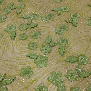 Broderie de lux tip dantela cu flori 3D si margele cusute manual A90 - Verde Lime