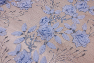 Broderie de lux tip dantela lucrata manual cu flori 3D D44 - Bleu