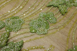 Broderie de lux tip dantela cu flori 3D si margele cusute manual A90 - Verde Lime