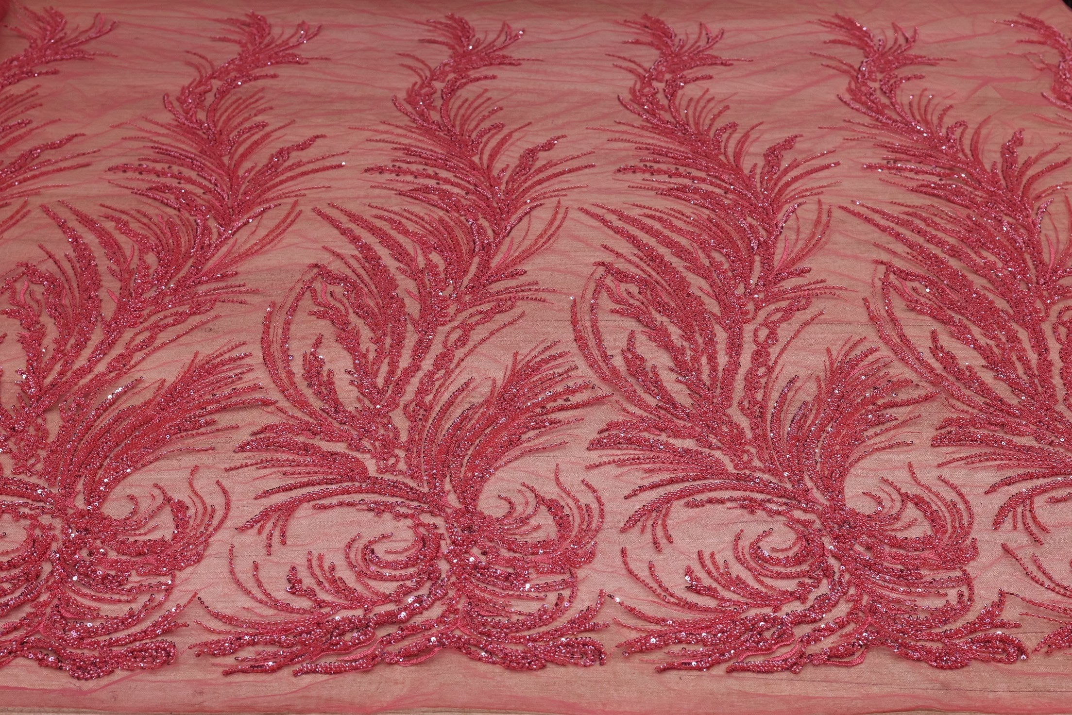Broderie tip dantela cu perle/margele si paiete B66 - Roz Corai