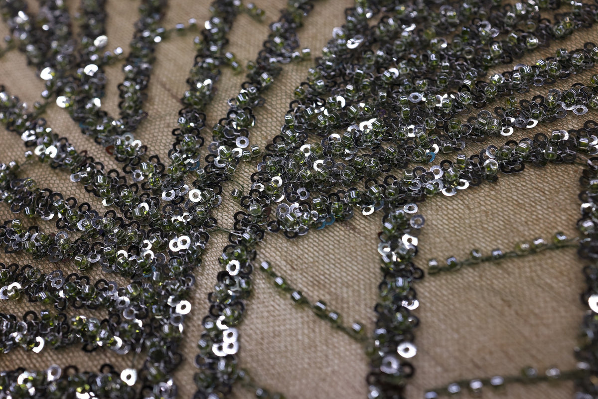 Broderie tip dantela cu perle/margele si paiete B64 - Verde Kaki