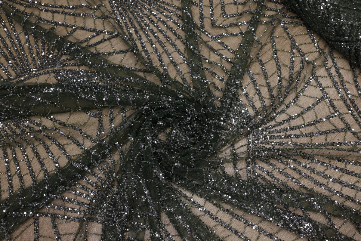 Broderie tip dantela cu perle/margele si paiete B64 - Verde Kaki