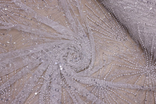 Broderie de lux tip dantela cu perle, margele si paiete  C38 - Alb