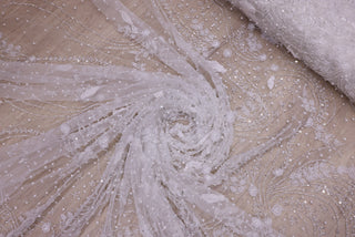 Broderie de lux tip dantela cu flori 3D, perle, maregele si paiete   C40 - Alb