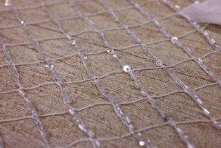Broderie de lux tip plasa cu flori 3D, perle si pietre si pretioase C43 - Alb