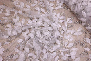Broderie de lux tip dantela pietre pretioase, perle si design floral  C48 - Alb.