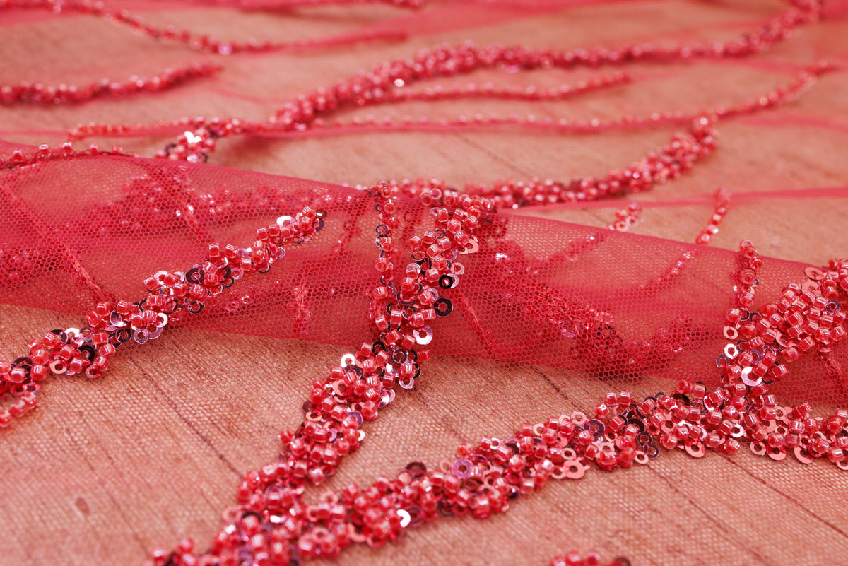Broderie tip dantela cu perle/margele si paiete M9 - Roz