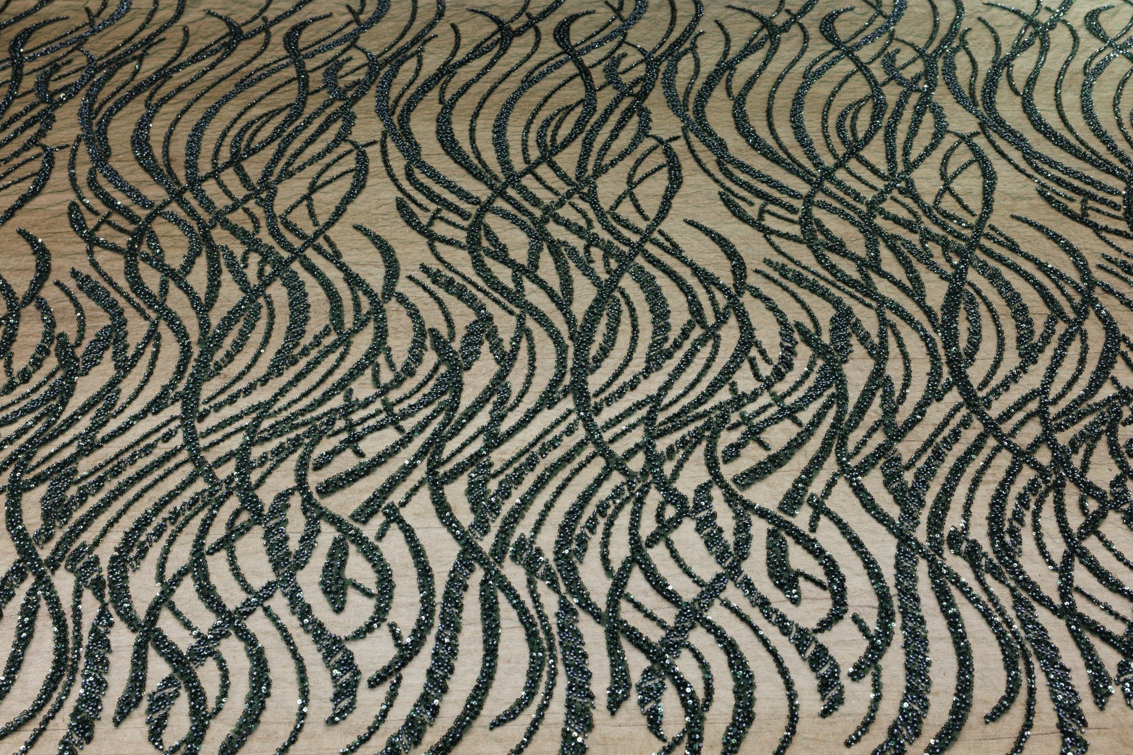 Broderie tip dantela cu perle/margele si paiete - Verde Inchis M9