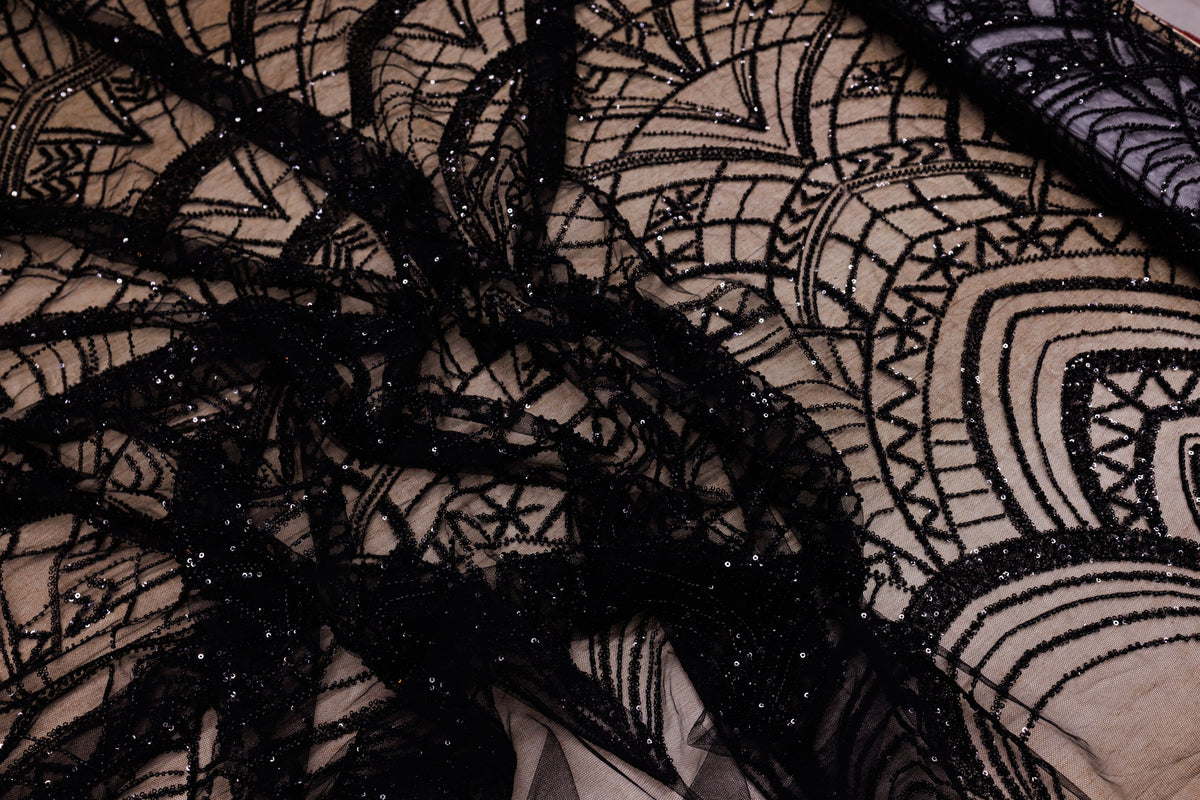 Broderie tip dantela cu perle/margele si paiete A32 - Negru
