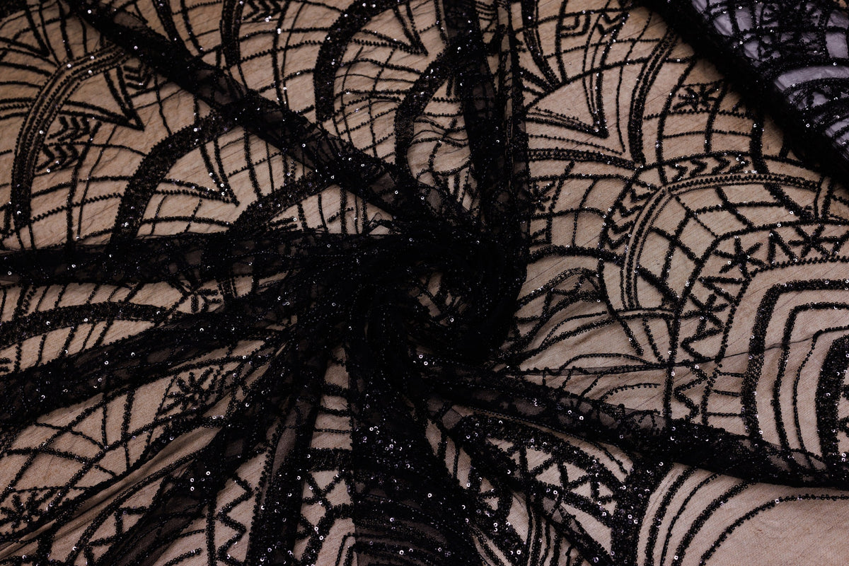 Broderie tip dantela cu perle/margele si paiete A32 - Negru