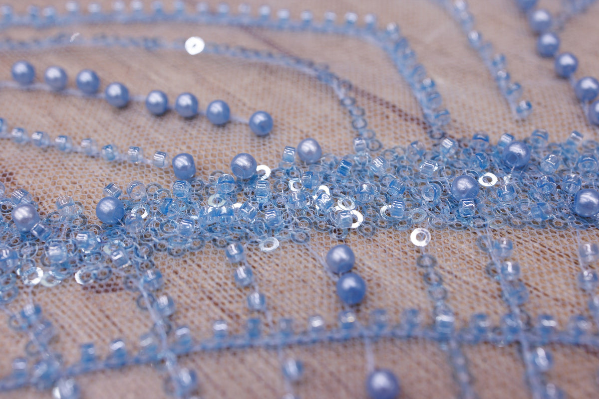 Broderie tip dantela cu perle/margele si paiete M14 - Bleu