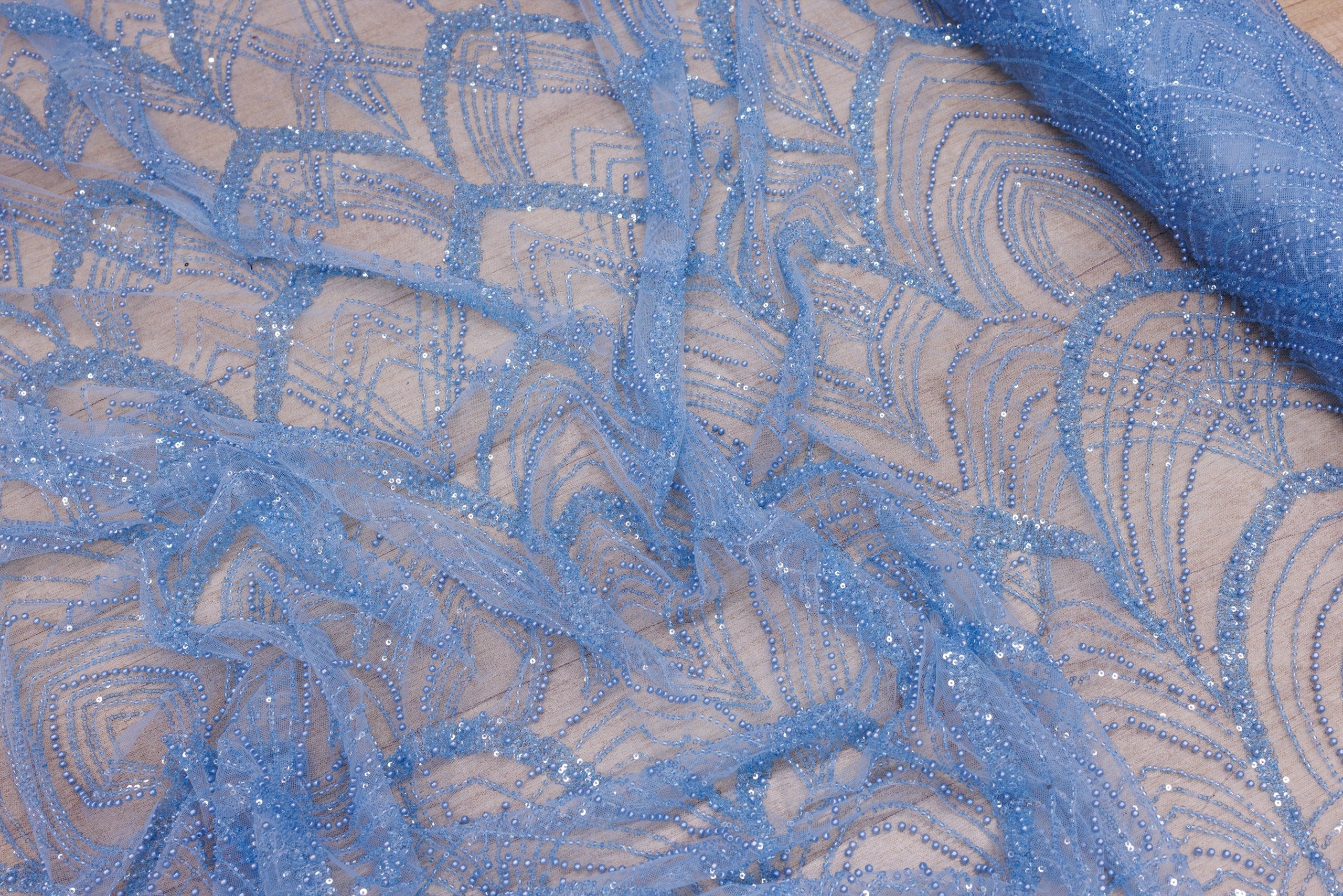 Broderie tip dantela cu perle/margele si paiete M14 - Bleu