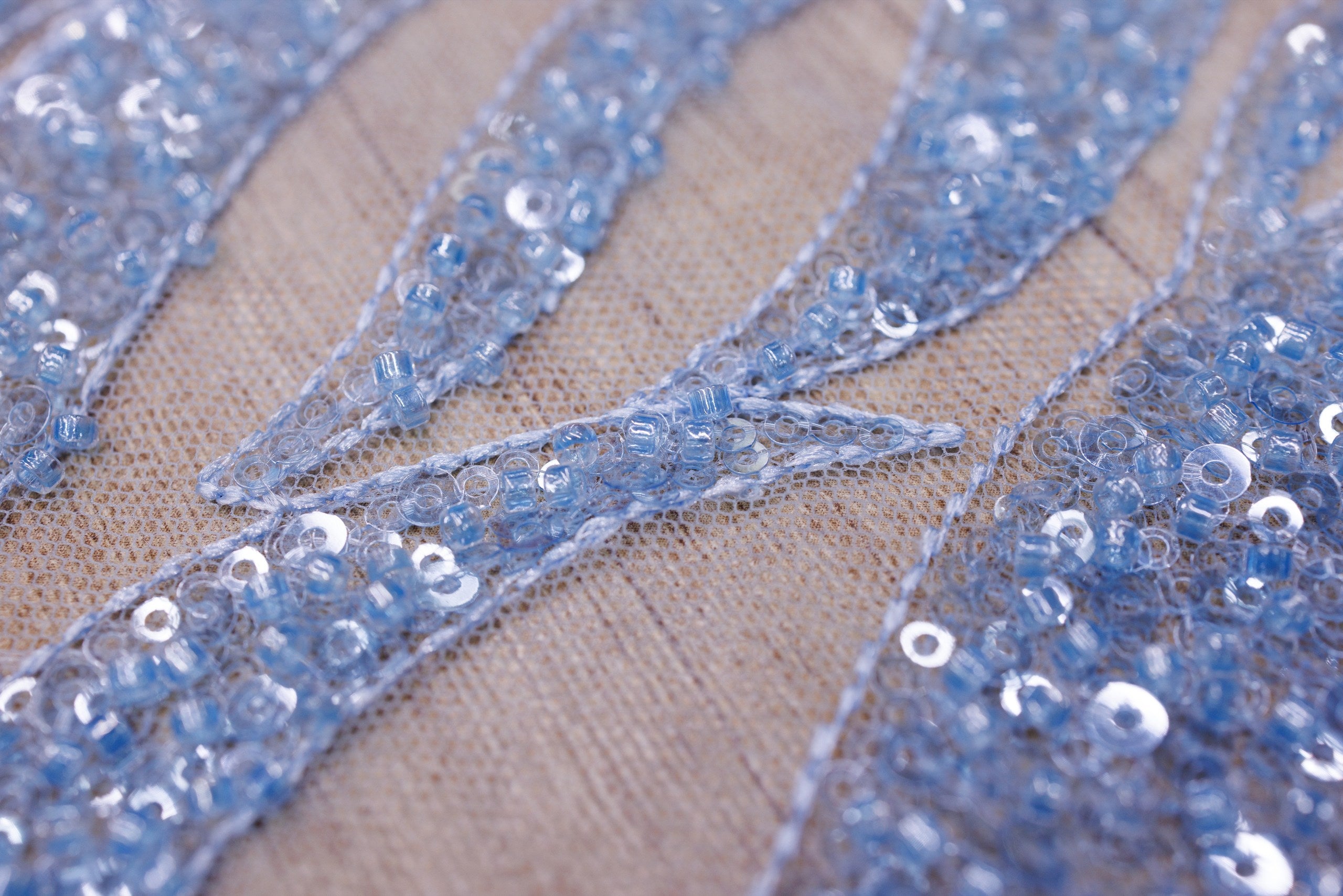 Broderie de lux tip dantela cu margele si paiete cusute manual B35 - Bleu