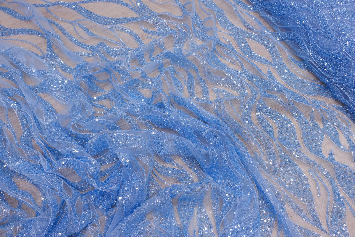 Broderie de lux tip dantela cu margele si paiete cusute manual B35 - Bleu