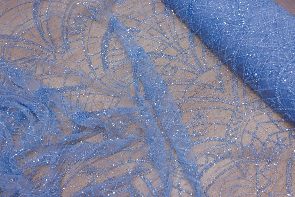 Broderie tip dantela cu perle/margele si paiete A32 - Bleu