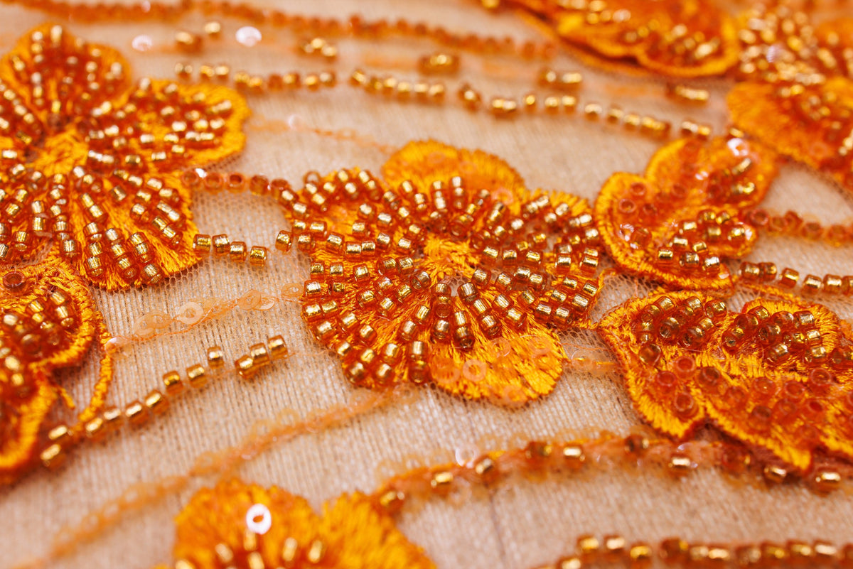 Broderie de lux tip dantela cu flori 3D si margele cusute manual A90 - Portocaliu