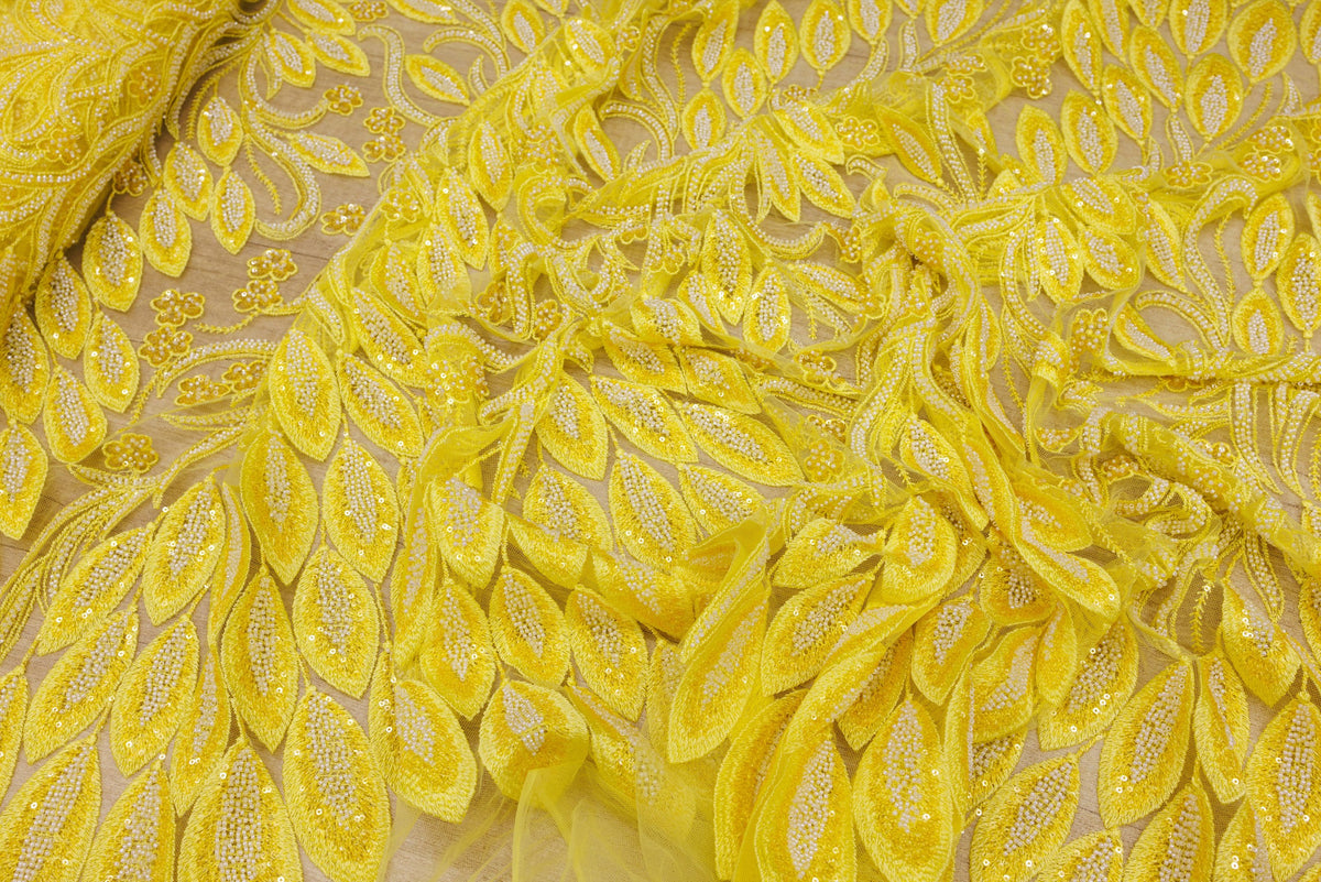 Broderie tip dantela cu perle/margele si paiete A87 - Galben