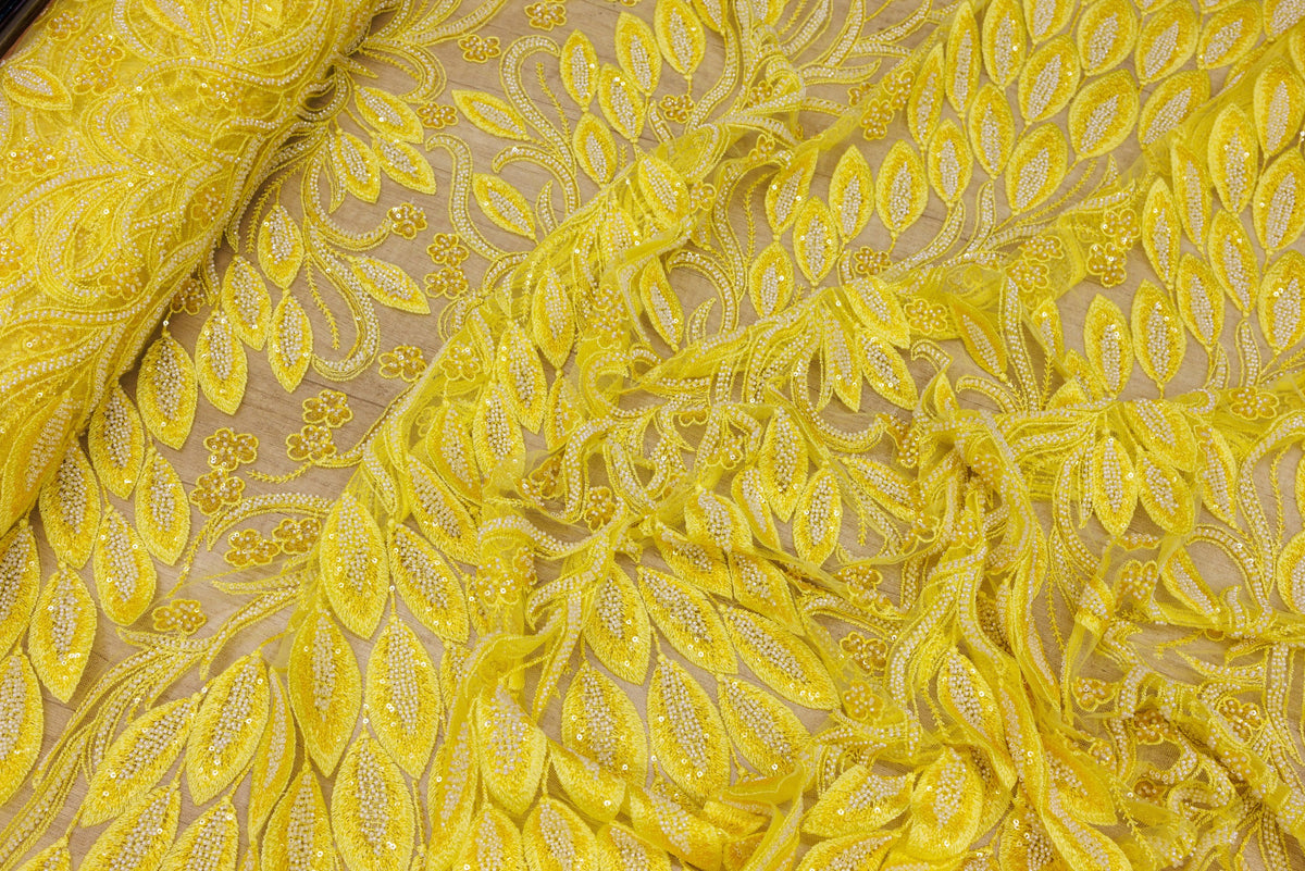 Broderie tip dantela cu perle/margele si paiete A87 - Galben