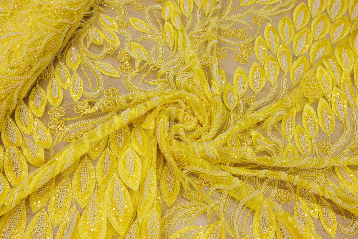 Broderie tip dantela cu perle/margele si paiete A87 - Galben