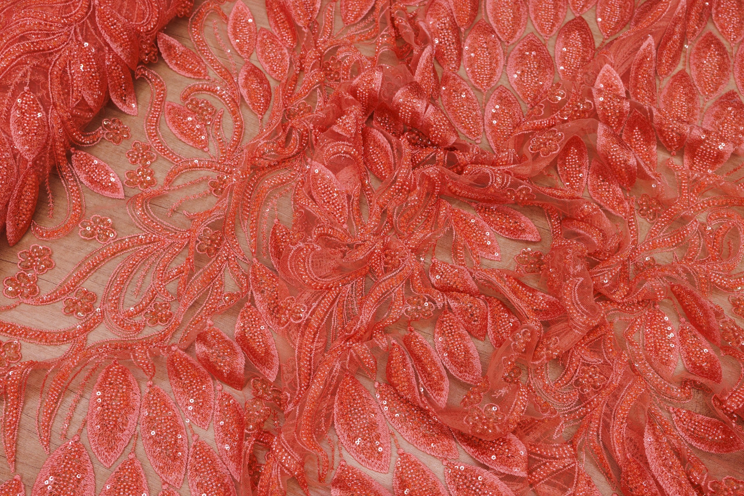 Broderie tip dantela cu perle/margele si paiete A87 - Roz Somon