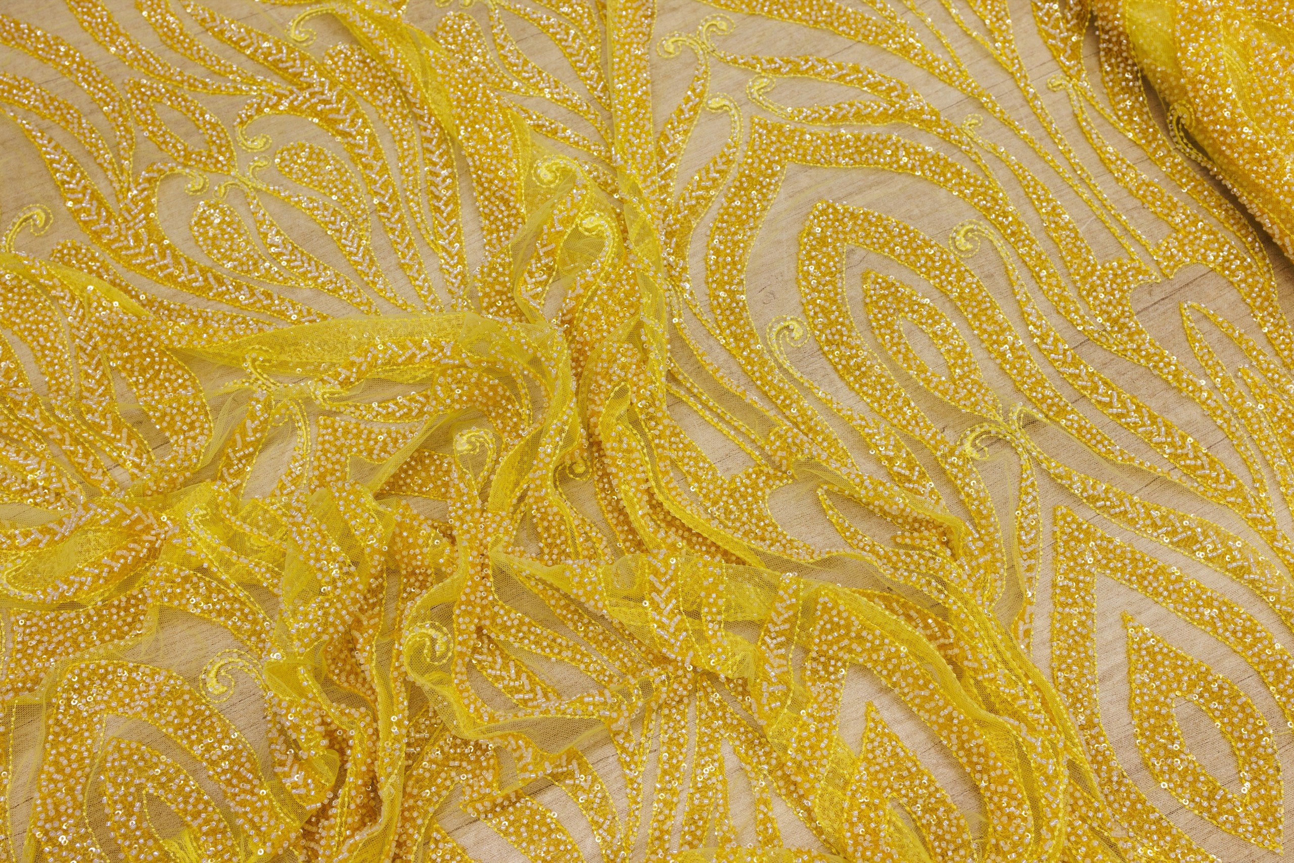 Broderie tip dantela cu perle/margele si paiete A88 - Galben