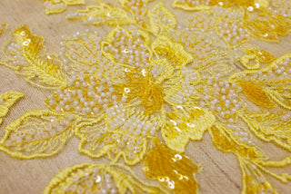 Broderie tip dantela cu perle/margele si paiete A92 - Galben