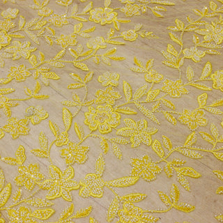 Broderie de lux tip dantela cu flori 3D si margele cusute manual A93 - Galben