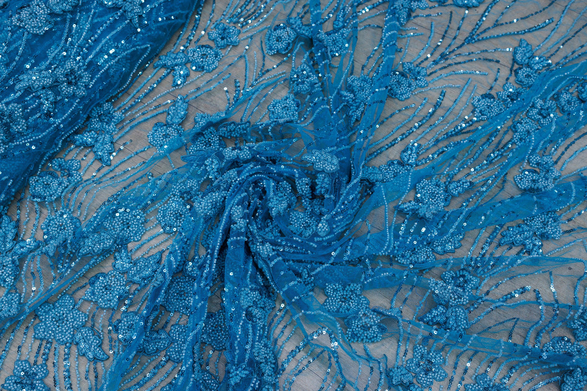 Broderie de lux tip dantela cu flori 3D si margele cusute manual A90 - Bleu