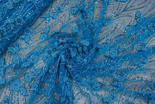 Broderie de lux tip dantela cu flori 3D si margele cusute manual A90 - Bleu