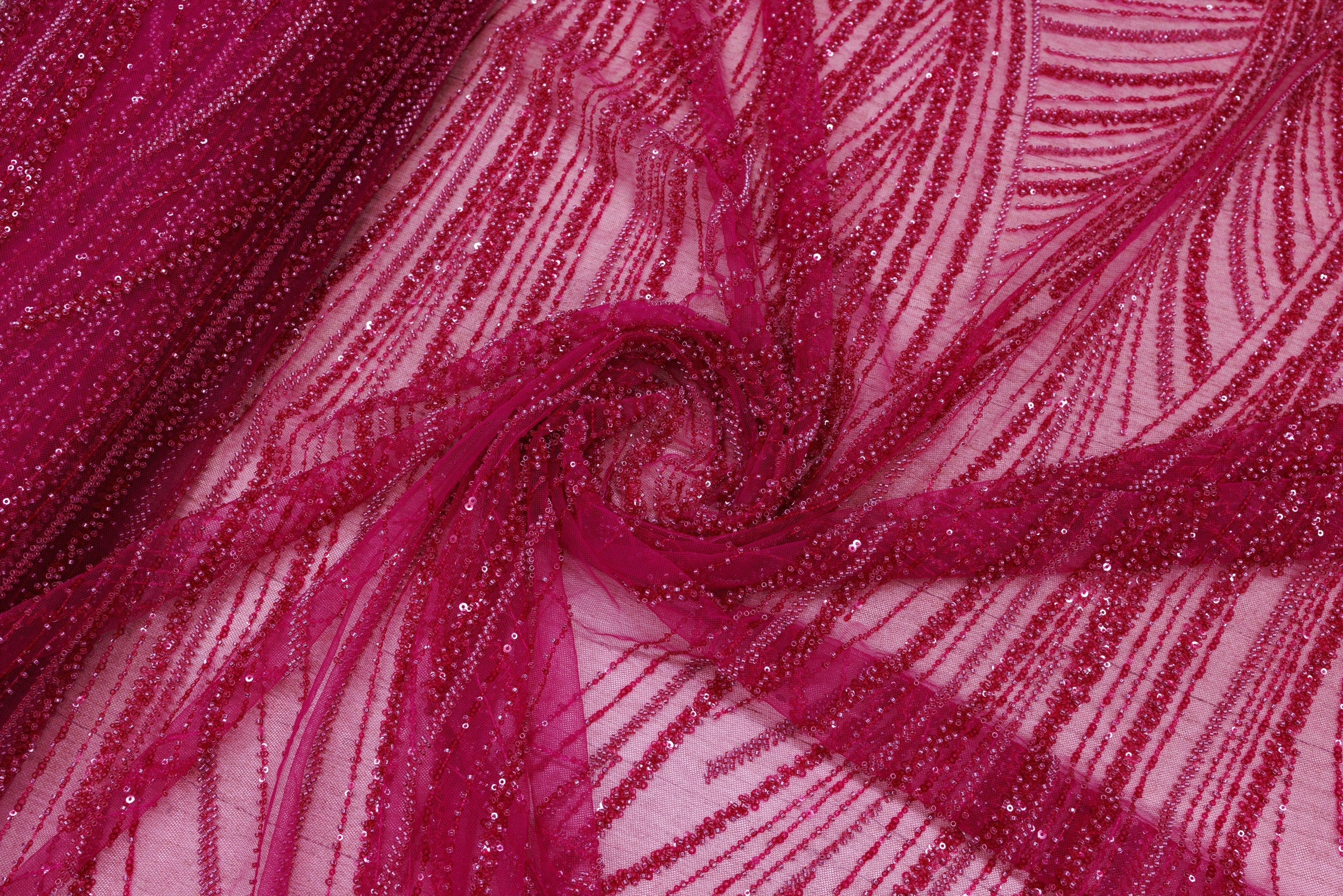 Broderie tip dantela cu perle/margele si paiete B20 - Roz Fucsia