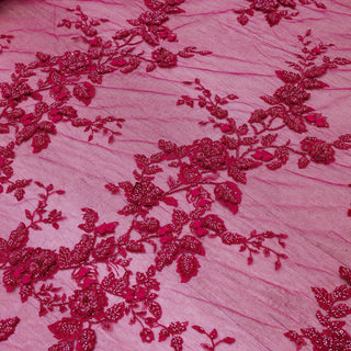 Broderie de lux tip dantela cu flori 3D si margele cusute manual B21 - Roz Fucsia