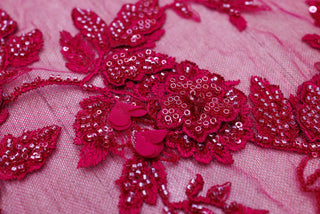 Broderie de lux tip dantela cu flori 3D si margele cusute manual B21 - Roz Fucsia