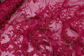 Broderie de lux tip dantela cu flori 3D si margele cusute manual B21 - Roz Fucsia