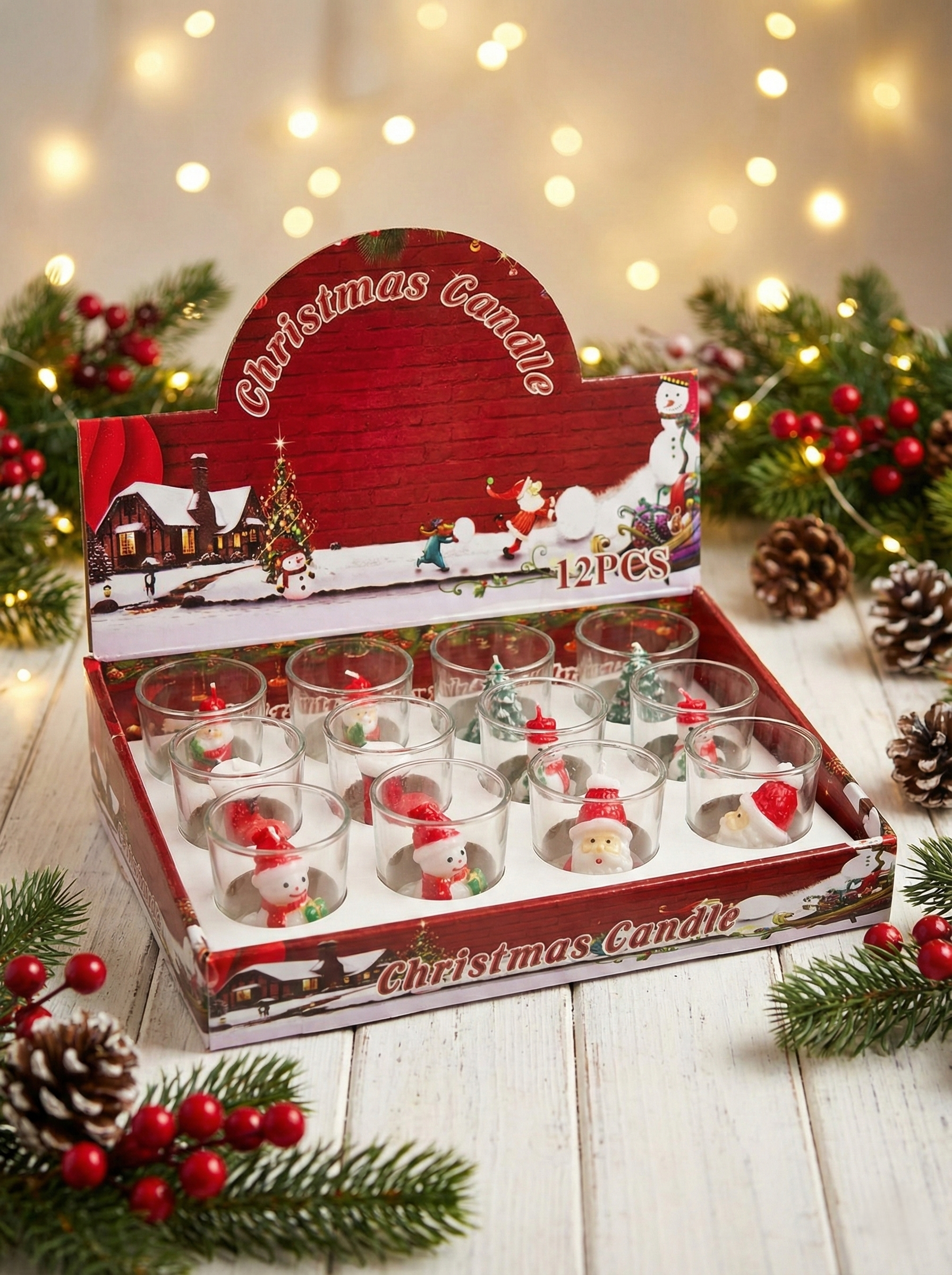 Set 12 Lumânări în Pahar de Sticlă – „Lumină și Magie de Crăciun”