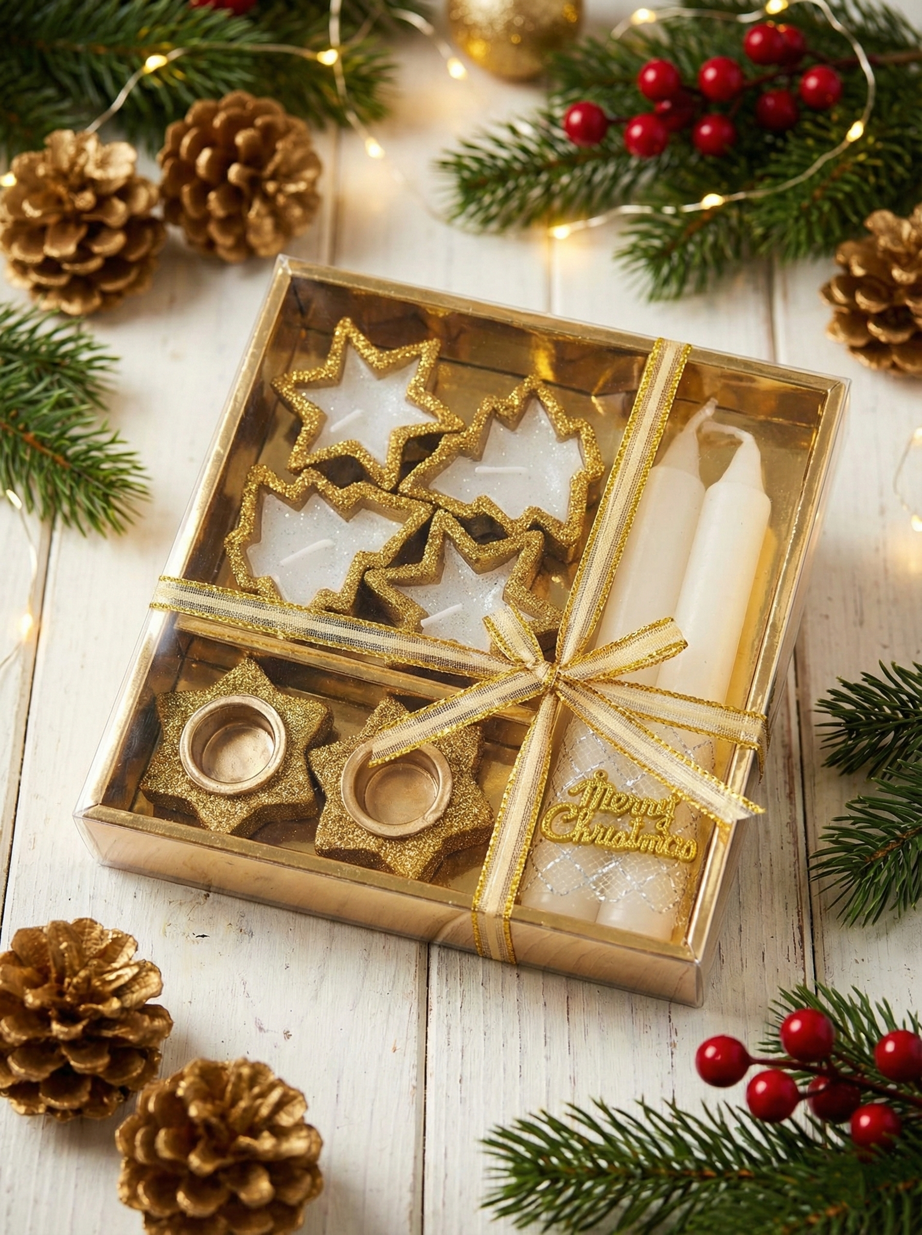 Set Decorativ „Golden Celebration” – Lumânări și Suporturi Aurii