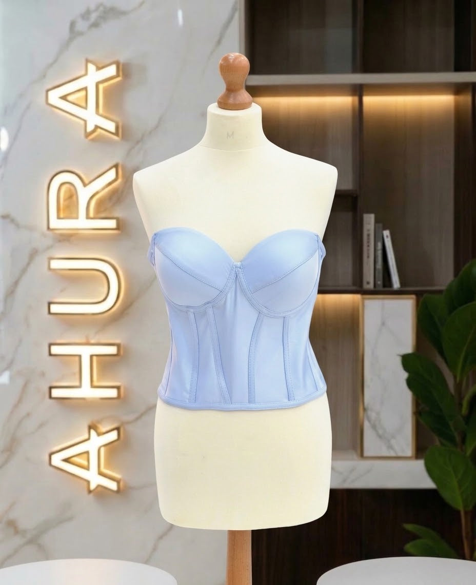 Corset din Tafta cu Cupe Structurate - Bleu
