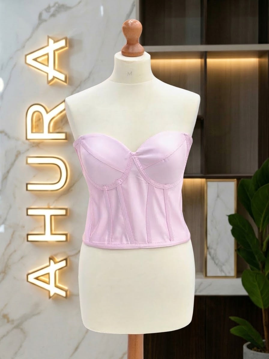 Corset din Tafta cu Cupe Structurate - Roz Bombon
