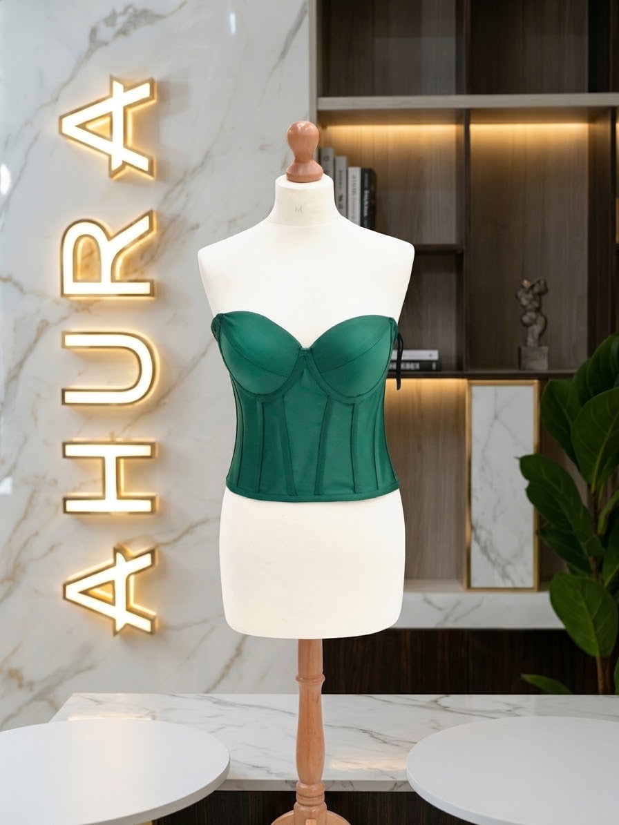 Corset din Tafta cu Cupe Structurate - Verde