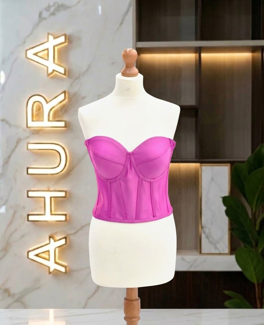 Corset din Tafta cu Cupe Structurate - Magenta