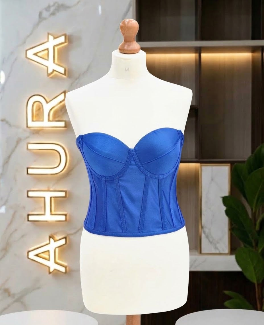 Corset din Tafta cu Cupe Structurate - Albastru Royal