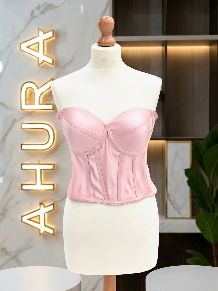 Corset din Tafta cu Cupe Structurate - Roz Prafuit Deschis