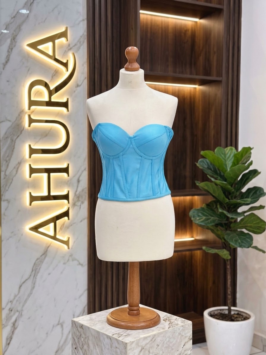 Corset din Tafta cu Cupe Structurate - Turcoaz