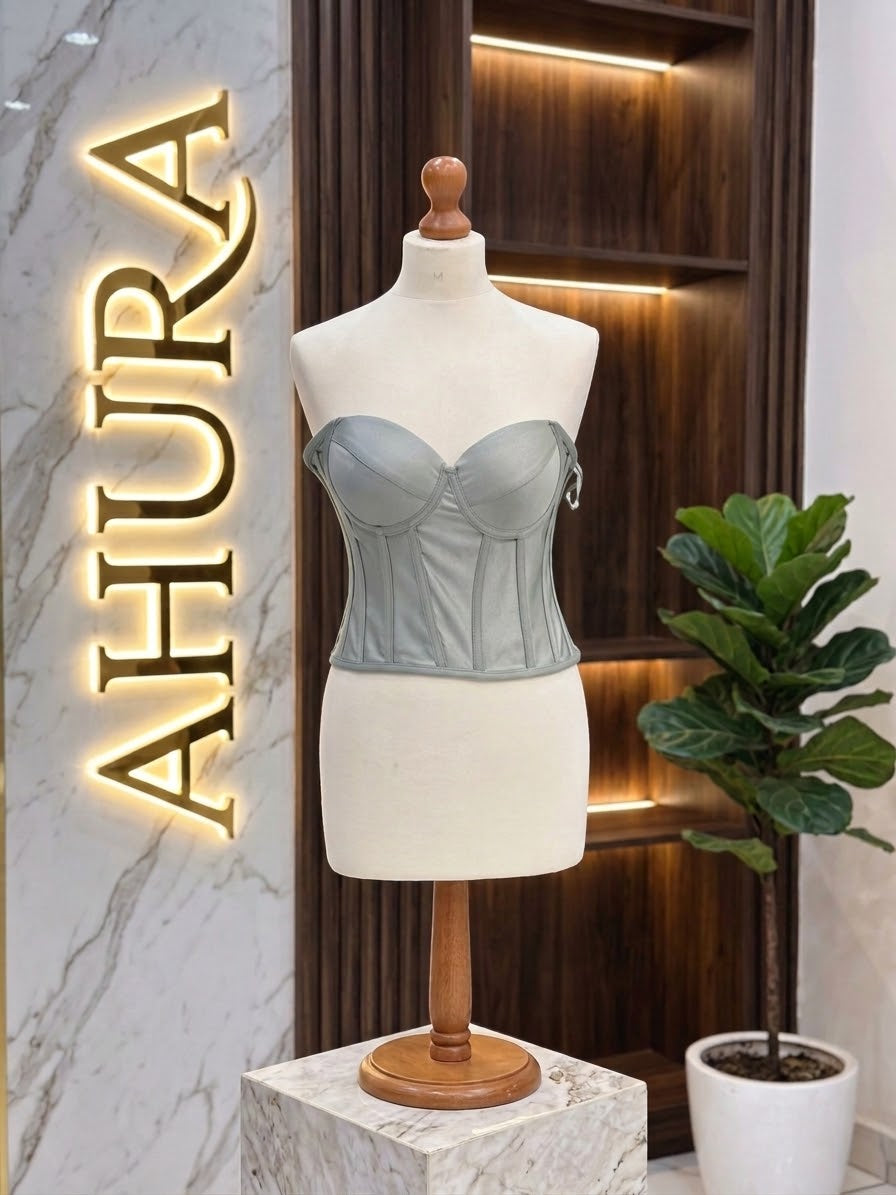 Corset din Tafta cu Cupe Structurate - Kaki Inchis