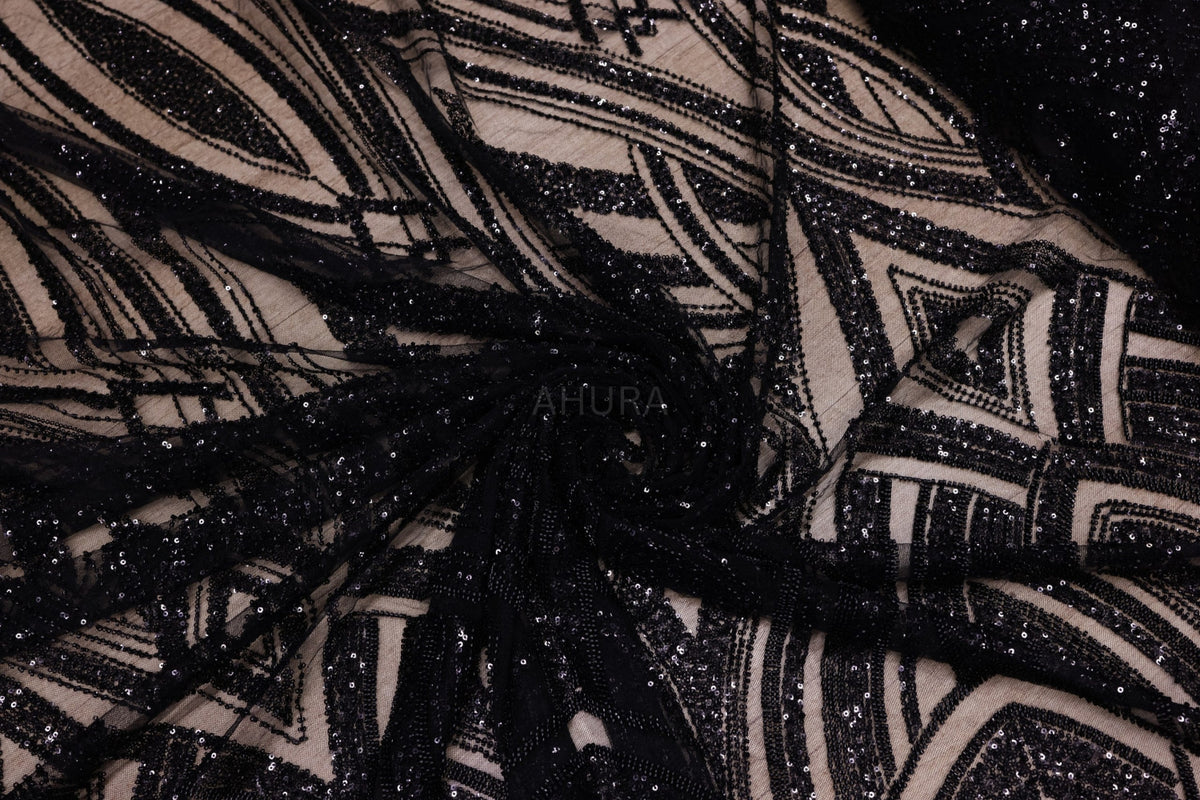 Broderie de lux tip dantela cu strasuri/pietre pretioase B33 - Negru