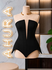 Corset Modelator Phoenix Arch negru, strapless cu decupaj iluzie și bază geometrică