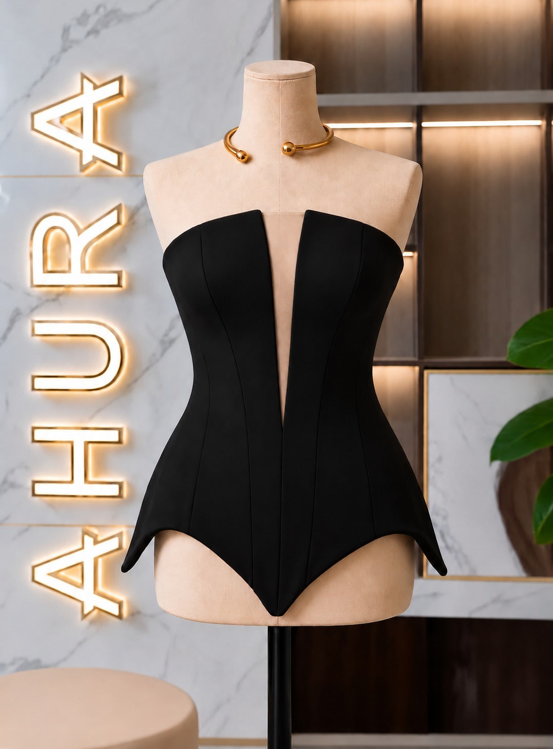 Corset Modelator Phoenix Arch negru, strapless cu decupaj iluzie și bază geometrică