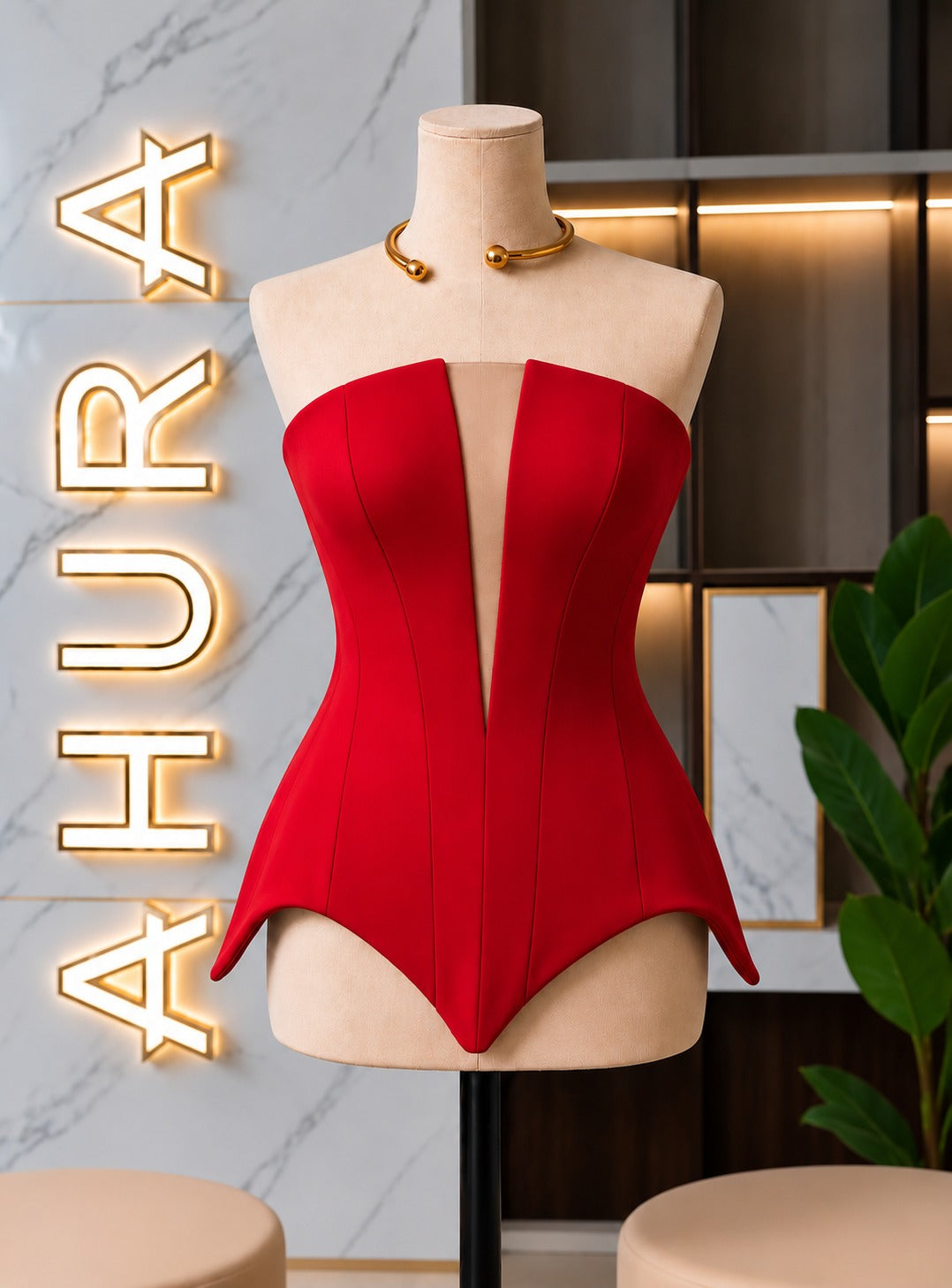 Corset Modelator Phoenix Arch roșu, strapless cu decupaj iluzie și bază geometrică